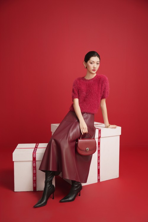 Sixdo Dark Red Leather Flared Skirt